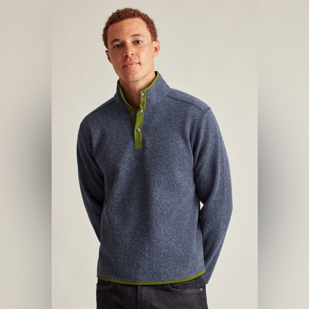 Bonobos Men’s‎ Sweater Fleece Snap Mock Pullover Heather Navy Medium Comfy